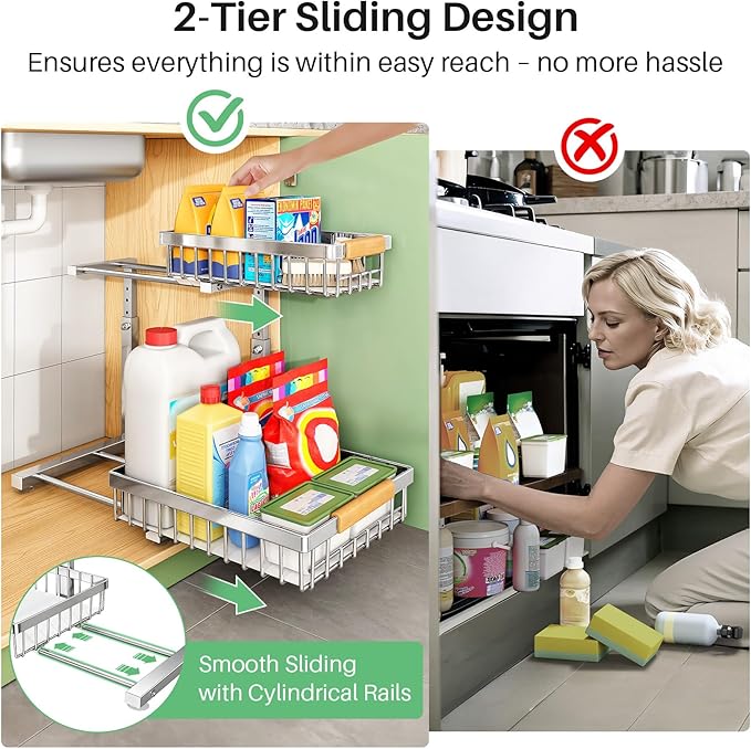 Under Sink Organizer, Stainless Steel 2 Packs 2 Tier Under Sink Organizers and - Image 7