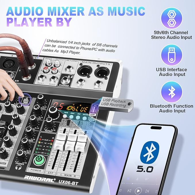 6 Channel Audio Interface Sound Board Mixing Console 16-Bit DSP DJ Mixer Audio - Image 4