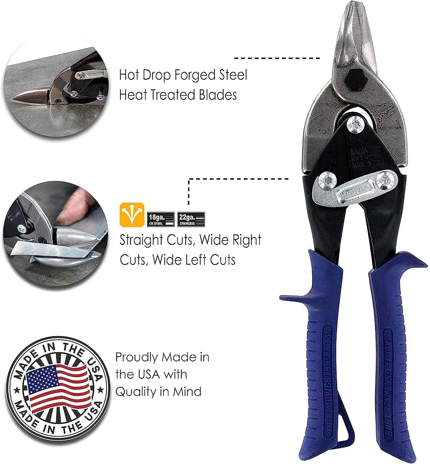 MIDWEST Bulldog Aviation Tin Snip - Straight Cut Regular Tinner Shears, Made in the USA - MWT-6716B | Made in USA, Straight Cut Bulldog Aviation Snips, Glidetech Forged Blades, Pinch-Thru-Point Cuts, Kush'N-Power Grips