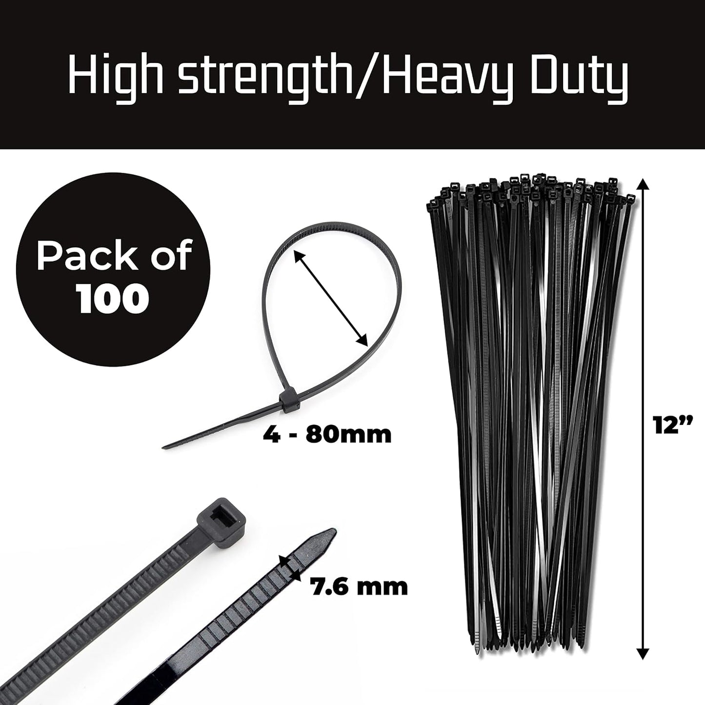 Bolt Dropper 12" Black Zip Cable Ties (100 Set), 120lbs Tensile Strength - Heavy Duty, Self-Locking Durable Plastic Cable Wire Ties for Indoor and Outdoor by Bolt Dropper (Black) (Pack of 5)