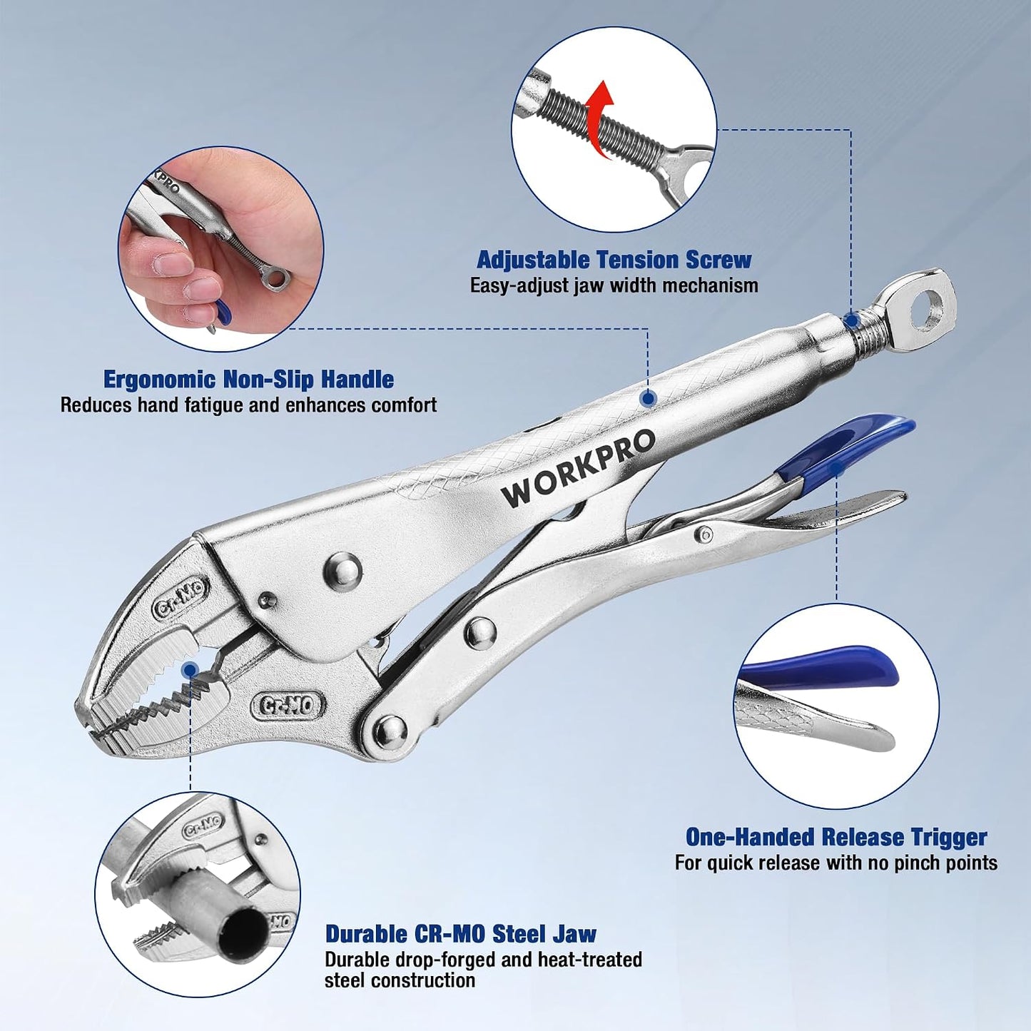 WORKPRO 5-Piece Locking Pliers Set, 5"/7"/10" Curved Jaw & 6.5"/9.5" Long Nose, CR-MO Steel Construction with Perforated Screw, Multipurpose Clamping Tool Kit for Automotive, Welding, and Home DIY