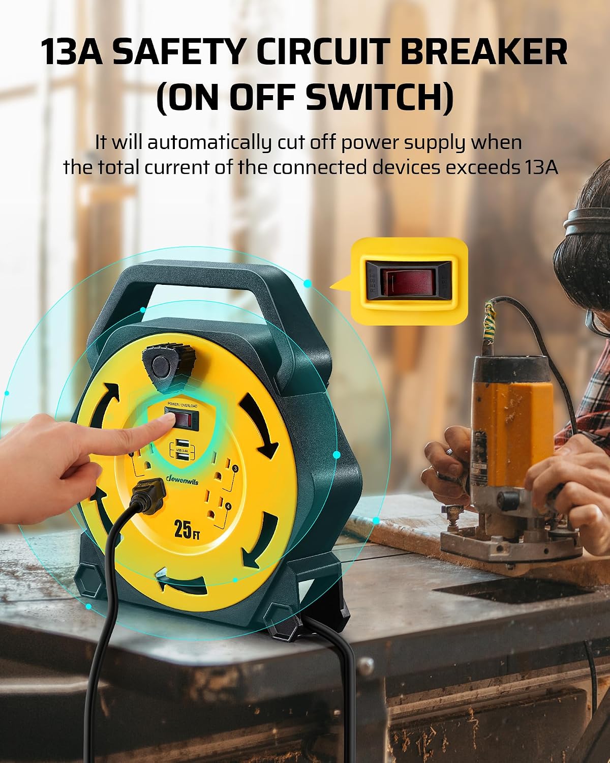 DEWENWILS 25FT Extension Cord Reel, Hand Wind Retractable Cord Reel | 16/3 SJTW, 4 Grounded Outlets, 2-USB Ports (3.4A Fast Charge), 13A Circuit Breaker, for Garage, Workshop, Outdoor, UL Listed