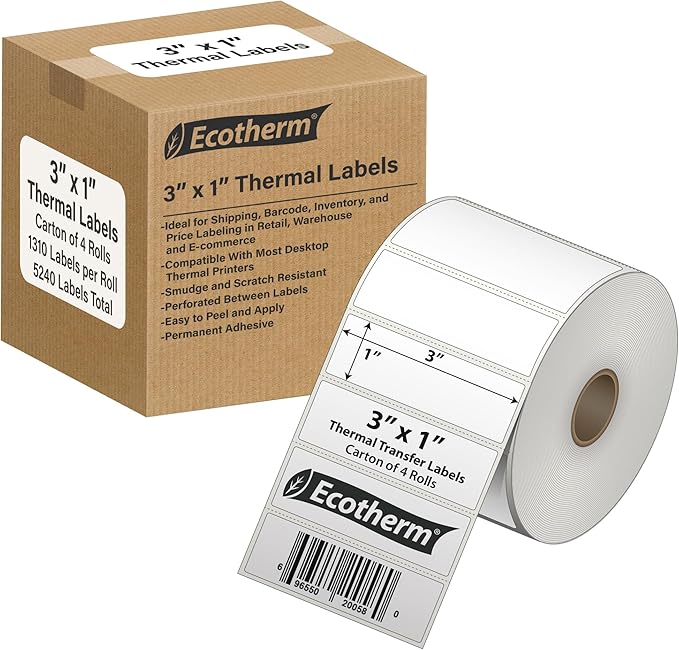 3" x 1" Thermal Labels | 4 Rolls | 5240 Labels | fits Zebra, Offnova Thermal by EcothermProducts