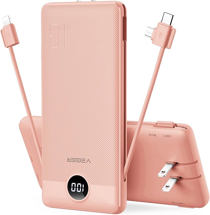 VEGER Portable Charger for iPhone Built in Cables and Wall Plug, 10000mah Slim by VEGER