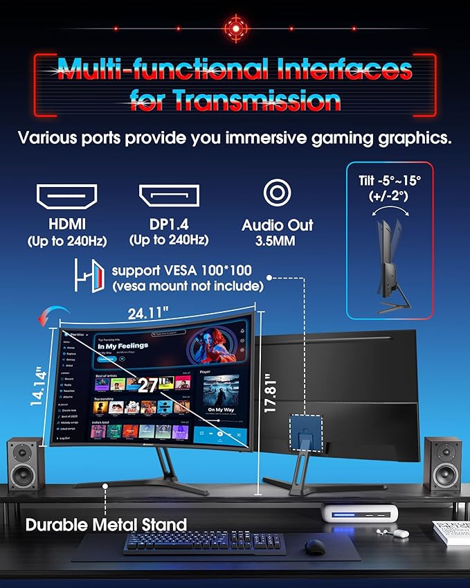 SANSUI 27 Inch Curved 240Hz Gaming Monitor FHD 1080P, 1500R Curve Computer - Image 9