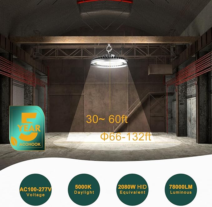 ACOHOOK 500W LED High Bay Light AC100-277V High Bay LED Light 5000K 75000LM UFO - Image 2