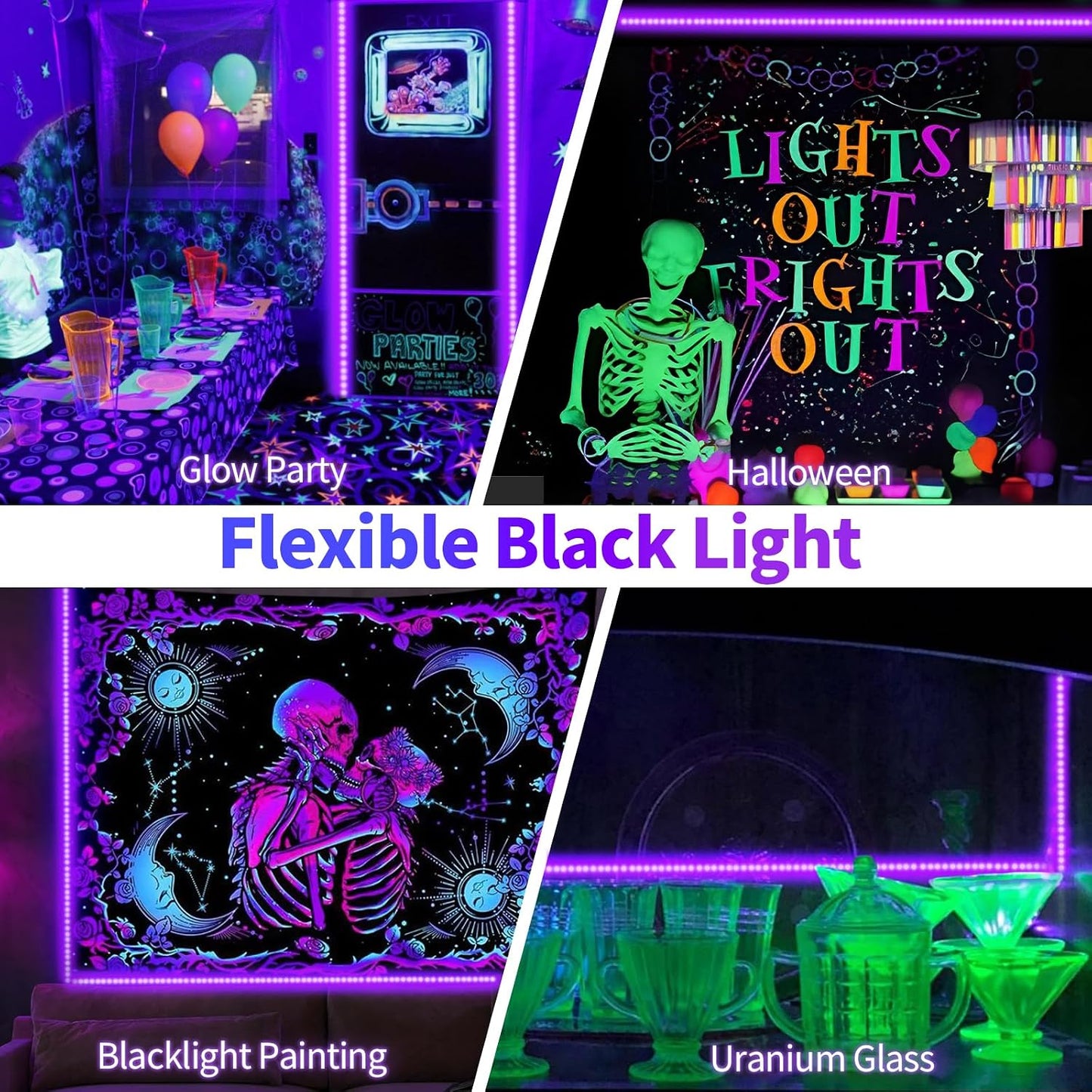 66 Foot Black Light Strip & Remote, 1200LEDs, Dimmable, 3 Lighting Modes | 12V Flexible Black Lights for Halloween, Glow Neon Party, Bedroom, Classroom, Fluorescent Decor Tapestry Poster, Indoor