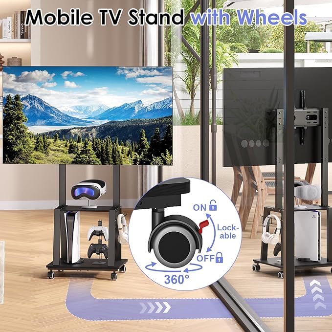Rolling TV Stand on Wheels for 23-60Inch Flat/Curved Screen TVs, Tilt Mobile TV - Image 4