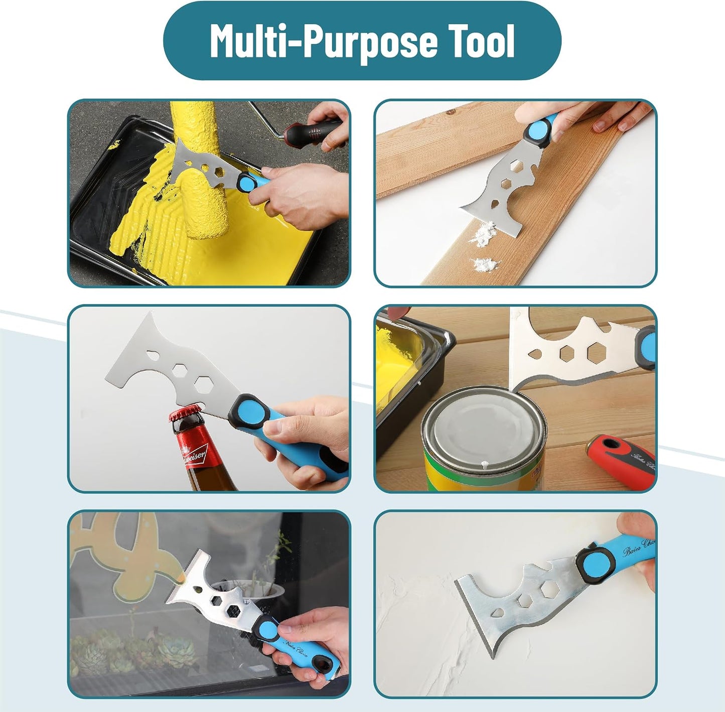 Bates- Paint Scraper, 13 in 1, Painters Tool, Rubber Handle, Paint Scrapers for Wood with Metal Hammer End, Painters Tool, Painters Knife, Paint Scraper for Painting, Putty Knife, Metal Scraper