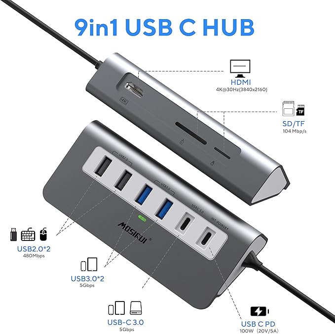 USB C Hub Multiport Adapter, Mosirui 9-in-1 USB-C Docking Station - Image 2