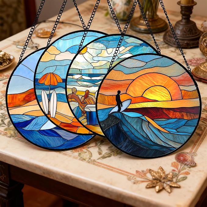 AMDERVEN Stained Glass Window Hanging 4 Pcs Set Blue Ocean Surfing Beach 7.8" - Image 2