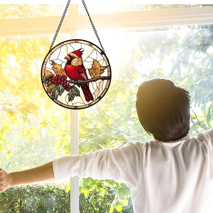 DASTOLL Stained Glass Window Hanging, Birds on a Branch Cardinal Sun Catchers - Image 2