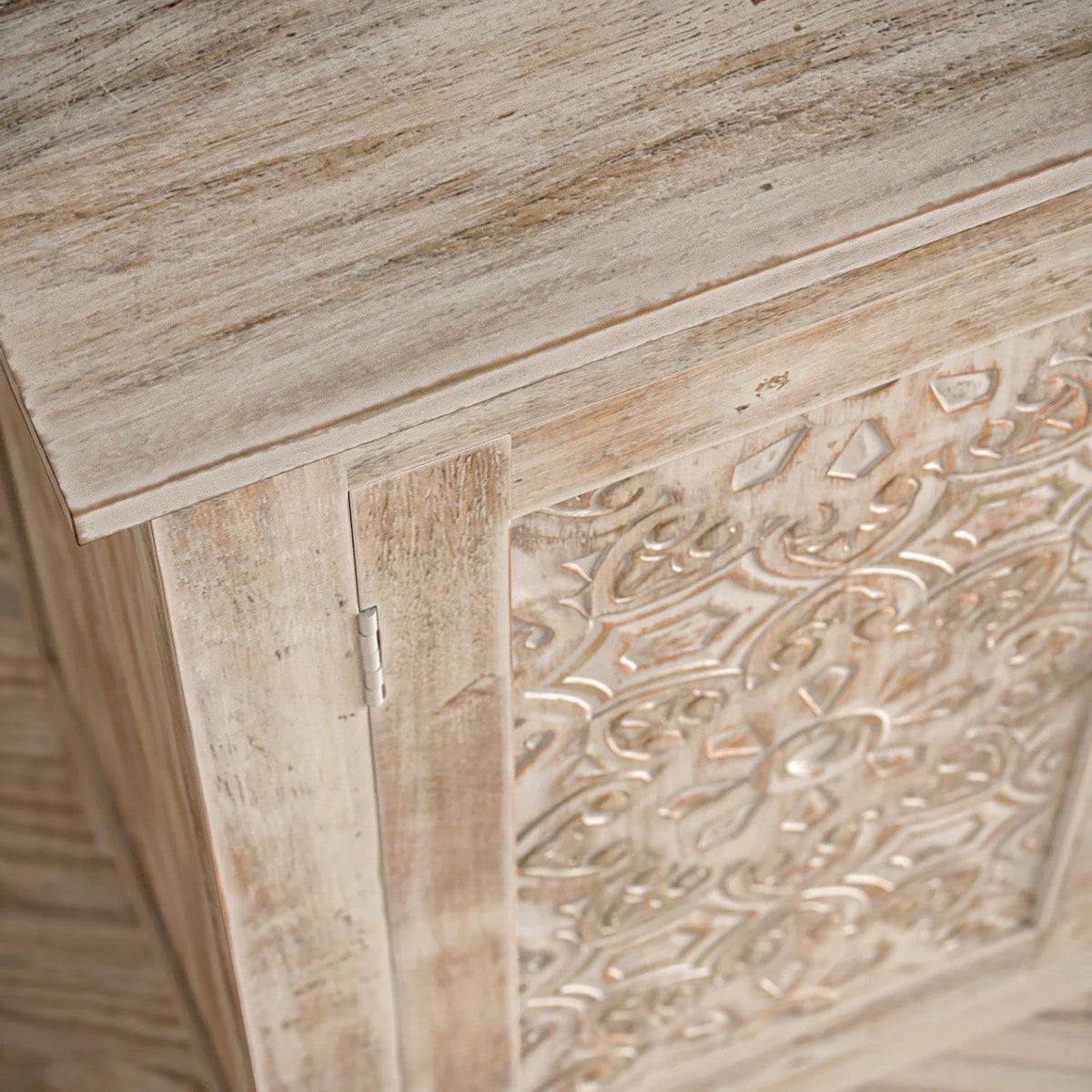 jofran global archive hand carved accent chest cabinet showing dimensions