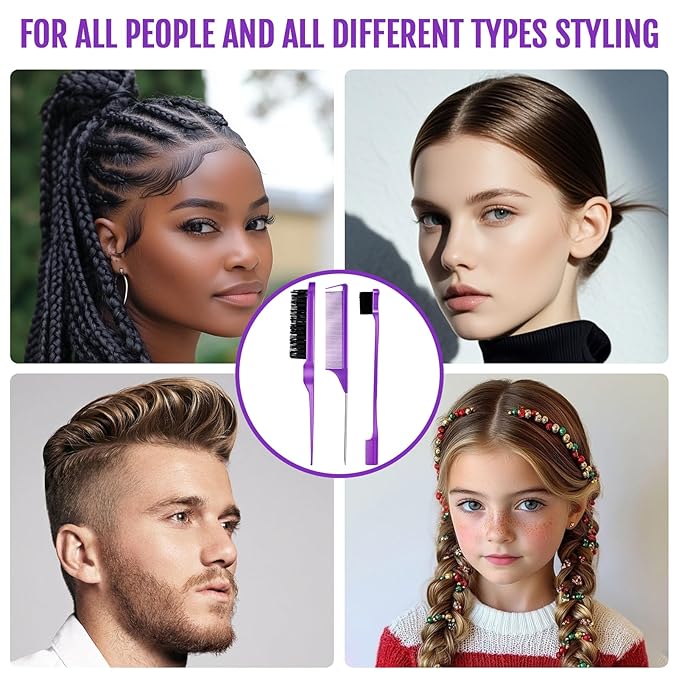 3 Pieces Hair Styling Comb Set Teasing Brush Rat Tail Comb Edge Brush - Image 8