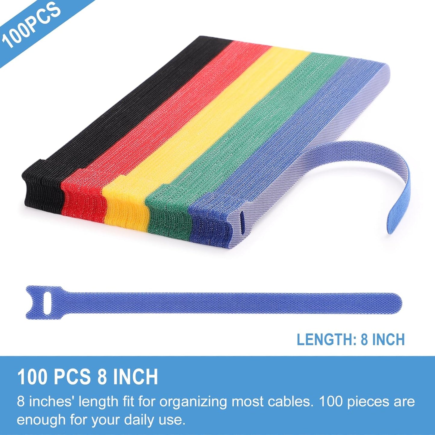 100 PCS 8 Inches Reusable Cable Ties | Adjustable Cord Wraps, Cable Straps | Hook & Loop Cord Organizer, Cable Management | 5 Colors