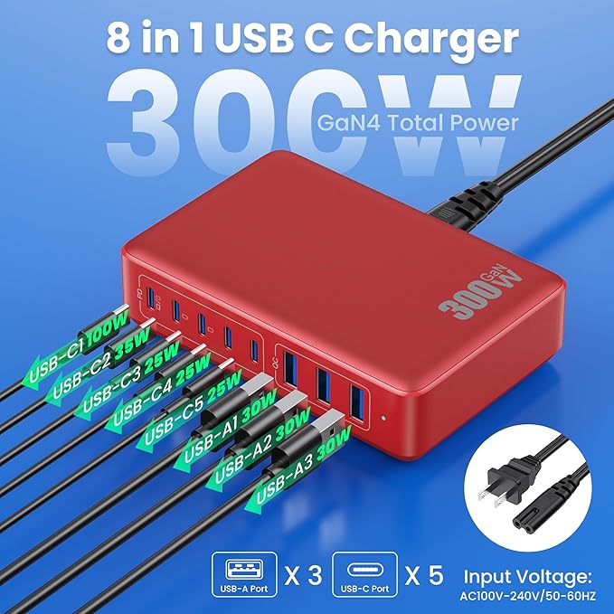 USB C Charger 300W USB C Charger Block, 8-Ports GaN IV Fast Charging Station Hub - Image 2