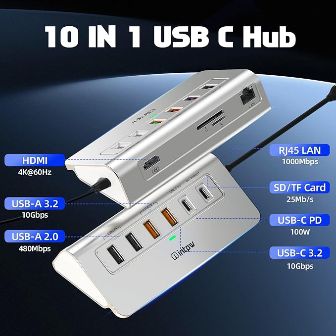 intpw P9R PRO USB C Hub Ethernet, 10Gbps USB C Docking Station 10-in-1 - Image 2