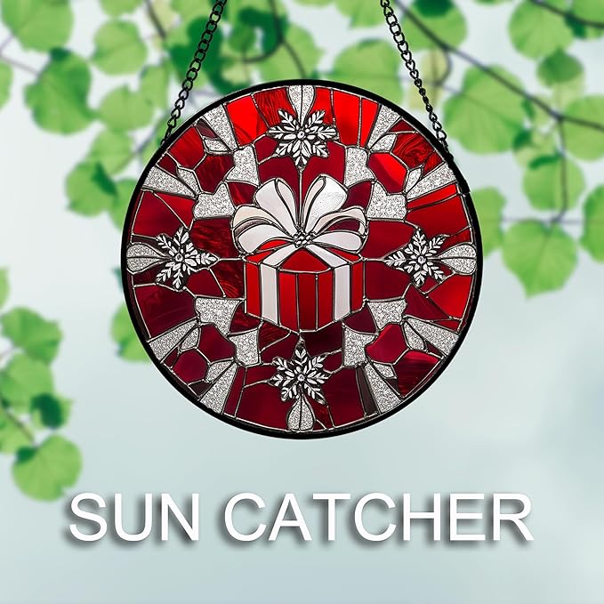 DASTOLL Stained Glass Window Hanging 4 Pcs Set Red Christmas Decorations Theme - Image 5