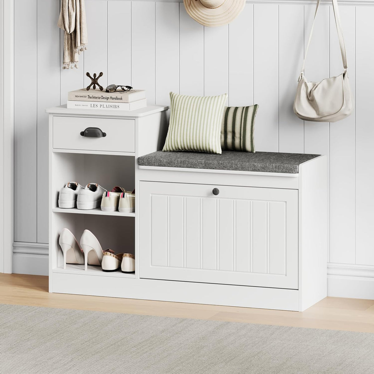 shoe storage bench, modern wooden shoe cabinet with shown in use