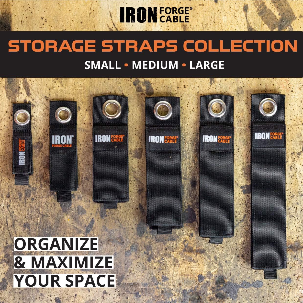 Iron Forge Cable Extension Cord Wrap Organizer, 12 Pack Storage Straps | Multi-Pack, 3 small, 3 medium, 3 large, and 3 XL, Hanger Wraps for Power Cables, Hoses, Ropes, and More