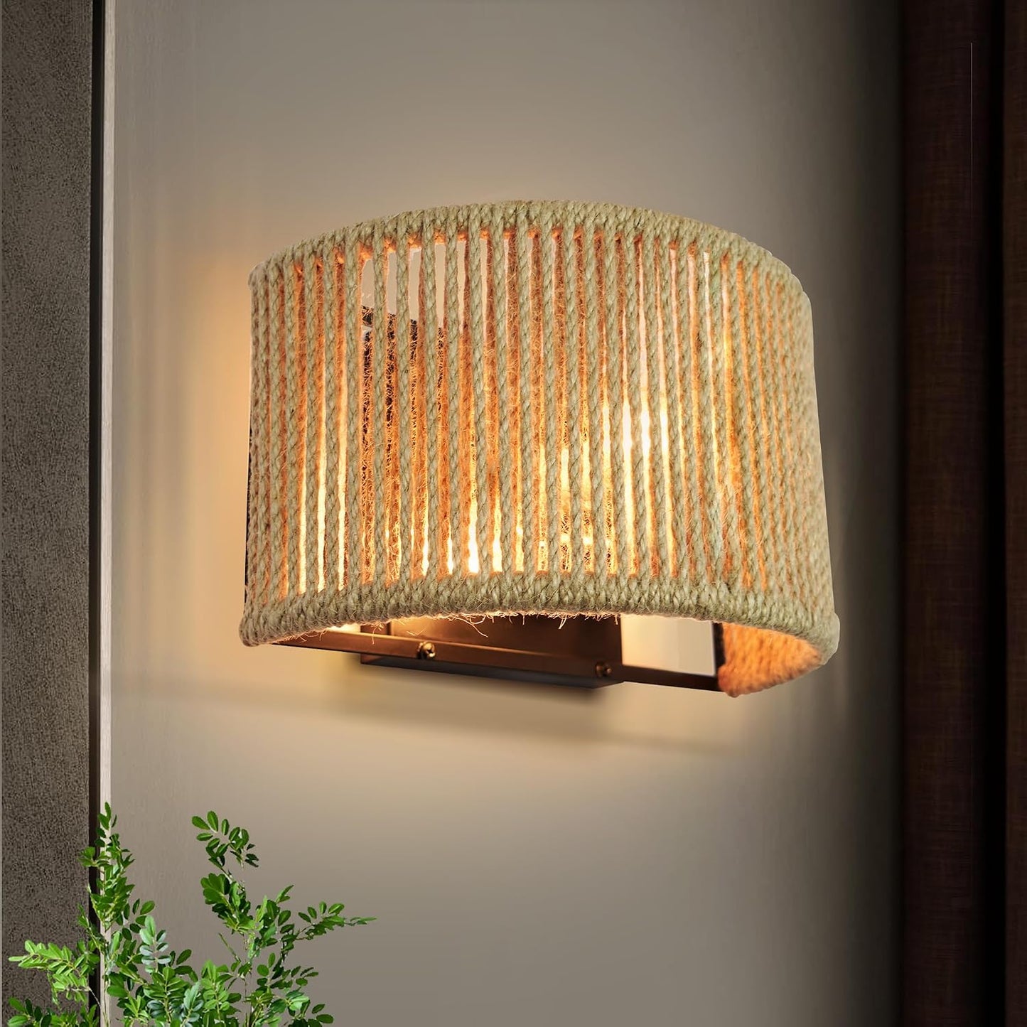 Rattan Wall Sconce Boho Wall Light Fixture for Bedroom, Hallway, Entryway | Wall Rattan Light Fixture Bohemian Woven Scocne Hemp Rope Sconce Lighting, Dia 9.7 Inch, Semi-Circular Shape, Coastal Style
