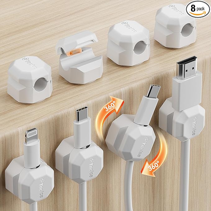 8 Pack Rotatable Cable Clips, Spring Cord Organizer Desk Cable Management Cord by Yocice