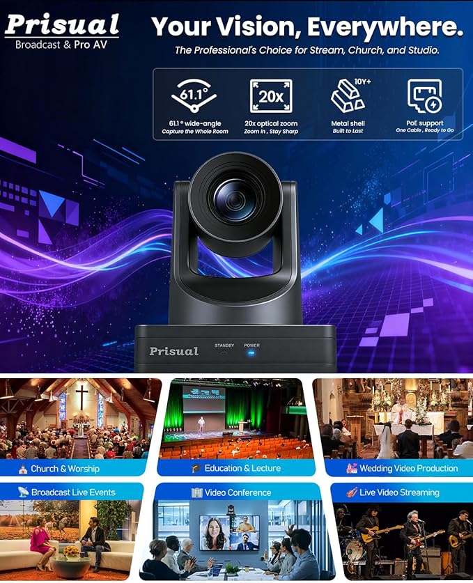 Prisual NDI 6.1.1 PTZ Camera, Ai Auto-Tracking, 20x Optical Zoom LAN USB3.0 PoE - Image 5