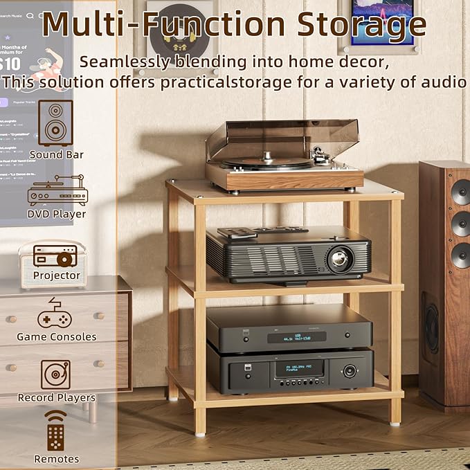 3-Tier AV Media Player Stand, Natural Stereo Cabinet, Modern Audio Shelf - Image 6