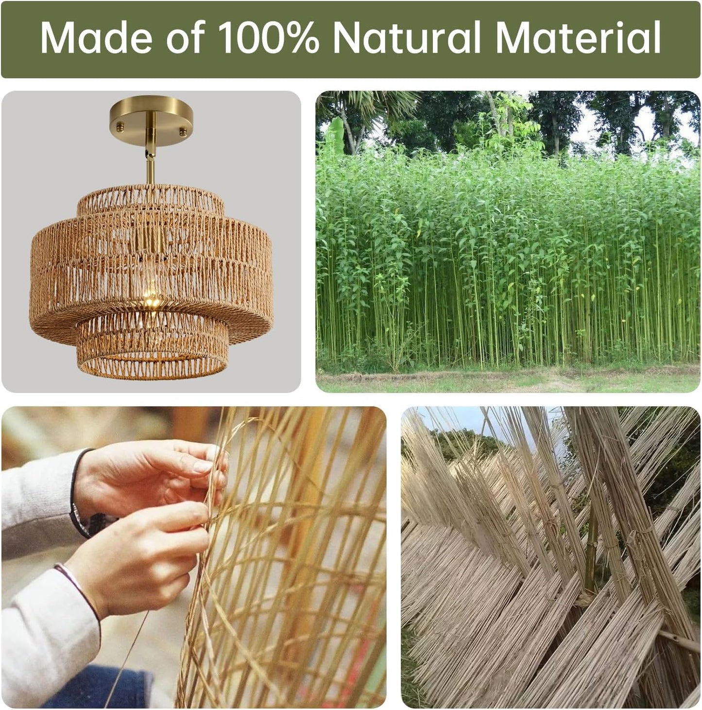 12.4" Rattan Pendant Light for Kitchen Island, Boho Chandelier | 1-Light, Hand Woven, No Assembly, Gold Hardware, Farmhouse Coastal Drum Wicker Light Fixture Dining Room Hallway Entryway