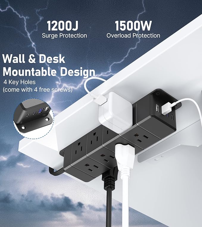 30W USB C Power Strip Surge Protector, Ultra Thin Flat Plug Power Strip 4 Side - Image 6