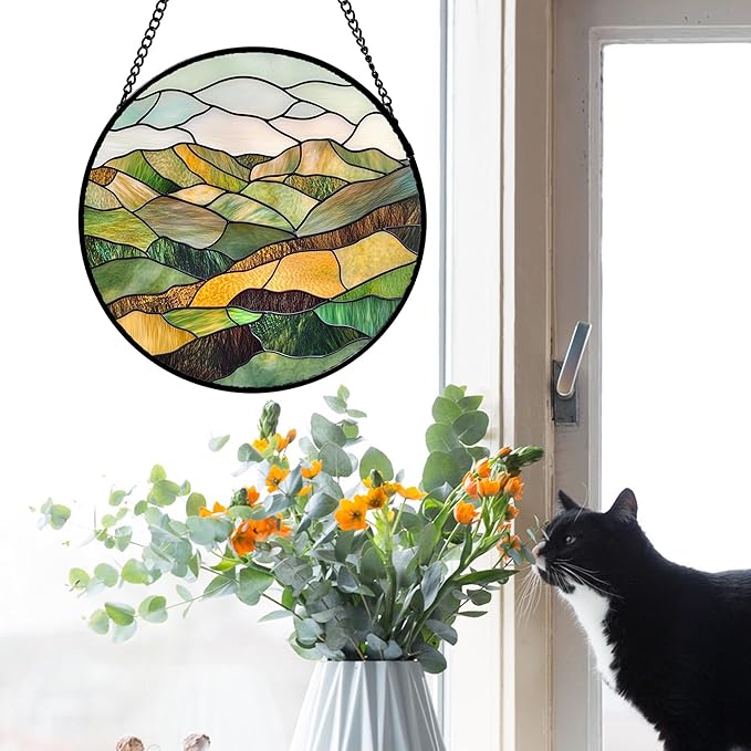 AMDERVEN Stained Glass Window Hanging 4 Pcs Set Mountain River Landscape 9.8" - Image 4