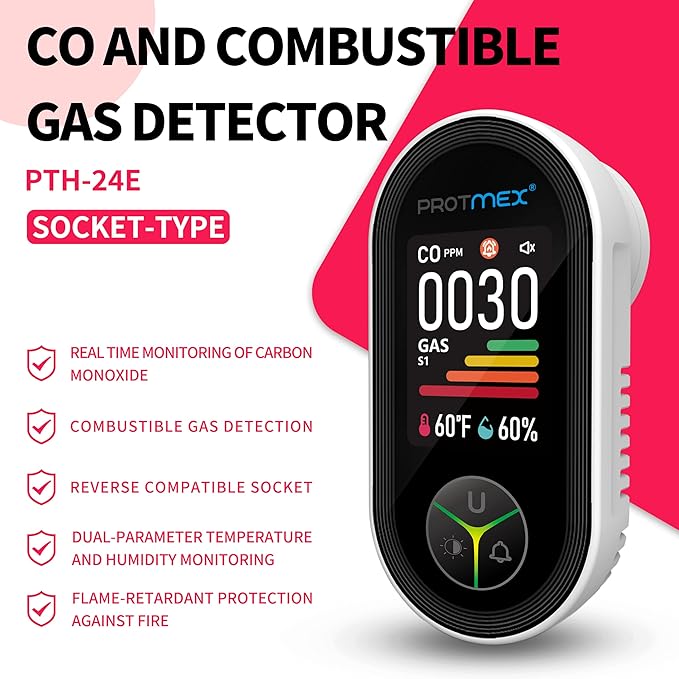 Protmex 4-in-1 Carbon Monoxide & Gas Detectors Plug in Large LCD Screen - Image 2