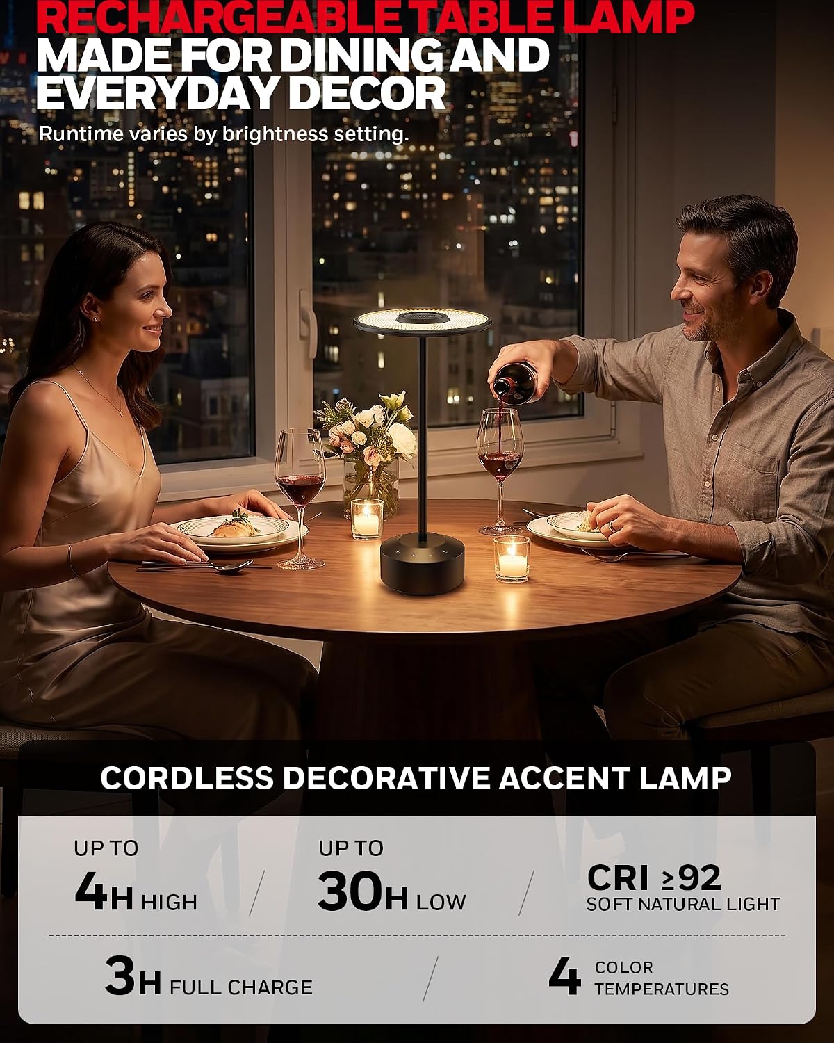 Honeywell Rechargeable Table Lamp, 5000mAh Cordless Dimmable Accent Light | 2000K-5700K,7 RGB Lighting Modes,Touch Control,Portable Desk Lamp for Patio Restaurant Dining Home Nightstand Living Room