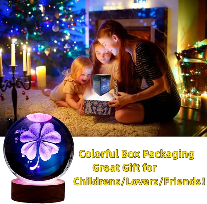 Conalisk 3D Four-Leaf Clover Crystal Ball Lamp, Lifelike 3D LED Clover Night - Image 4