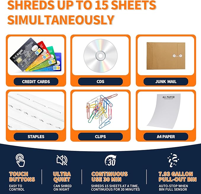 KRT Ultra-Quiet Paper Shredder 38dB, 30 Min Run Time, 15 Sheet Cross-Cut - Image 3