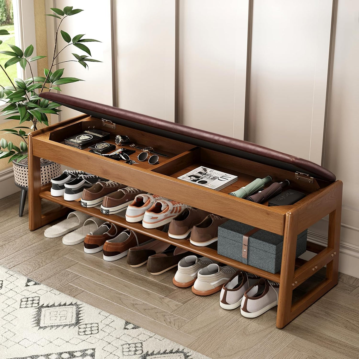 shoe rack bench with hidden storage, 2‑tier solid, main product view