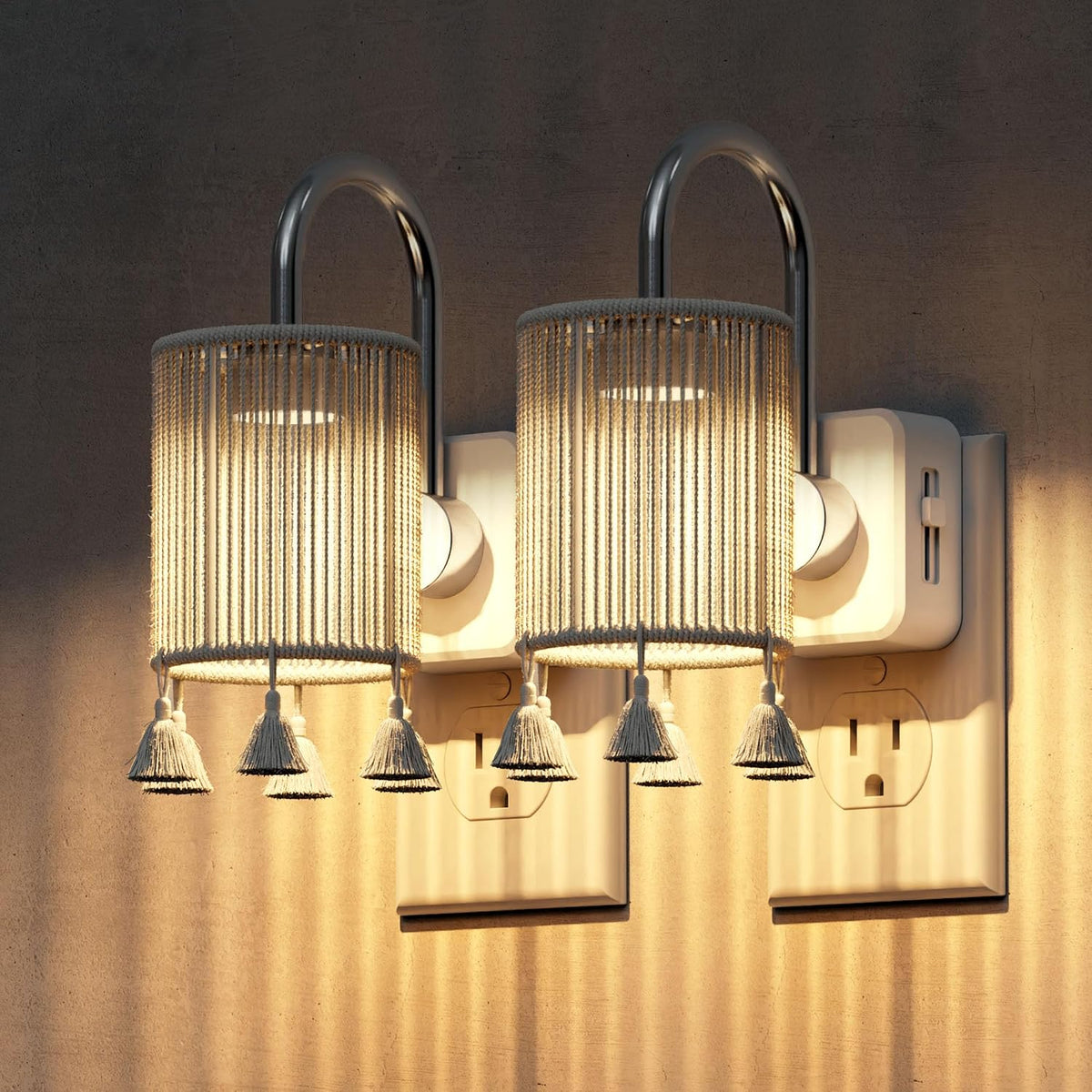 L LOHAS LED Night Lights Plug into Wall, 2 Pack Boho Fabric Cylinder Night Light