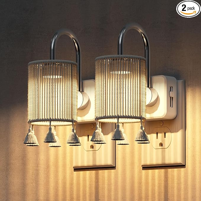 L LOHAS LED Night Lights Plug into Wall, 2 Pack Boho Fabric Cylinder Night Light by LLOHASLED