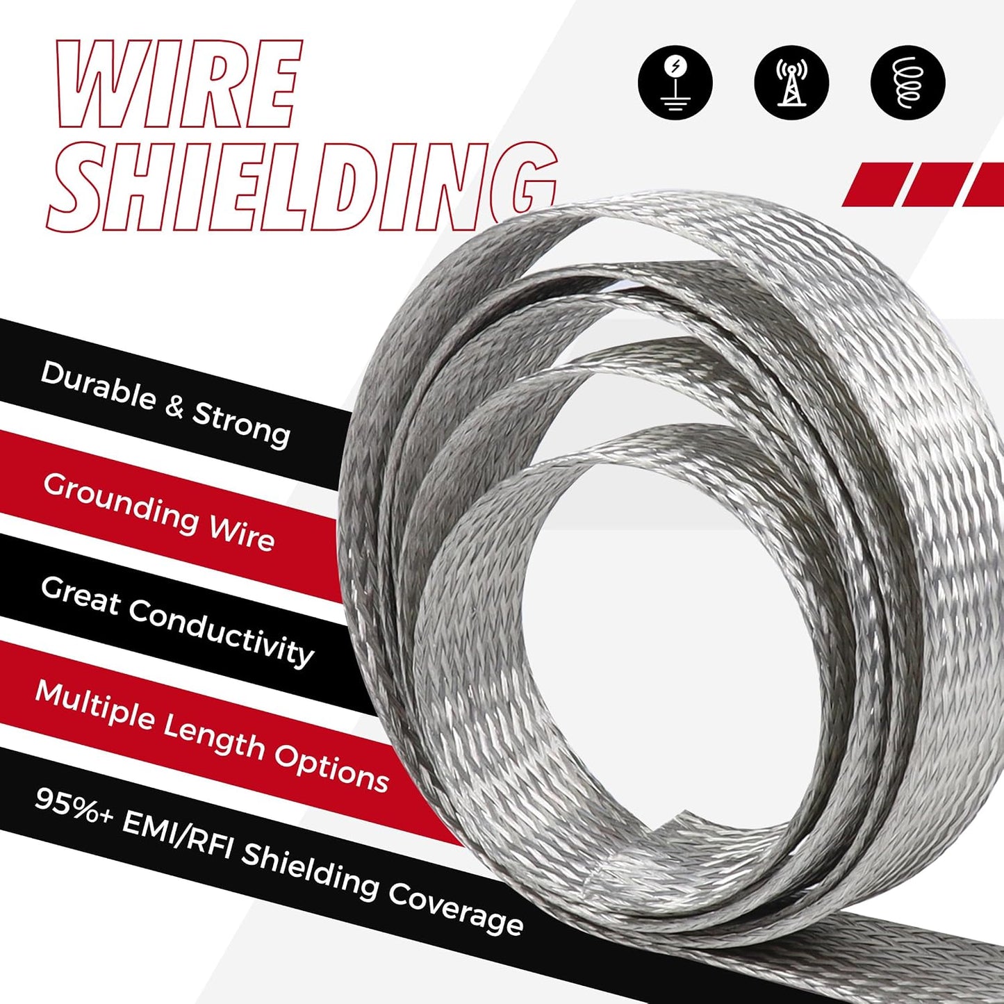 Tinned Copper Braid Wire Shielding Ground Strap Metal Cable Sleeve Expandable Flexible Flat Mesh (5/16 in Wide(0.20 in Dia)-115ft)