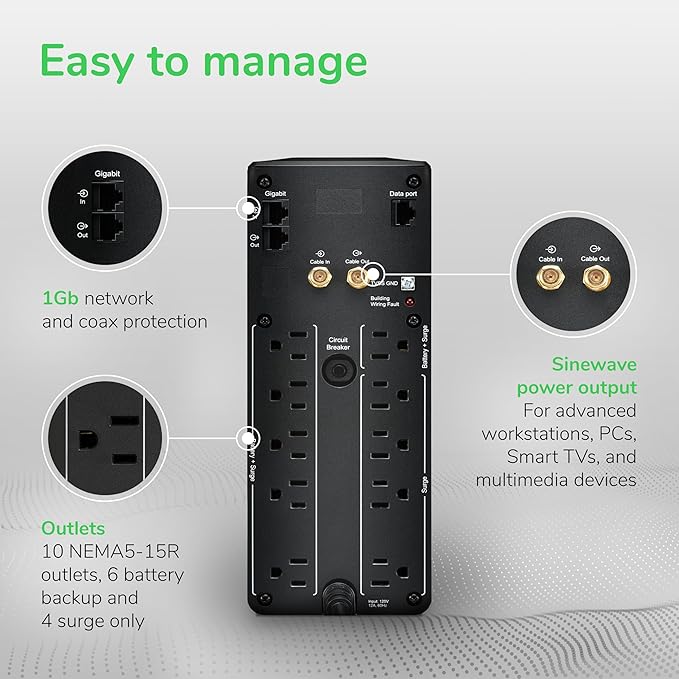 APC UPS 1500VA Sinewave UPS Battery Backup, BR1500MS2 Backup Battery Power - Image 7