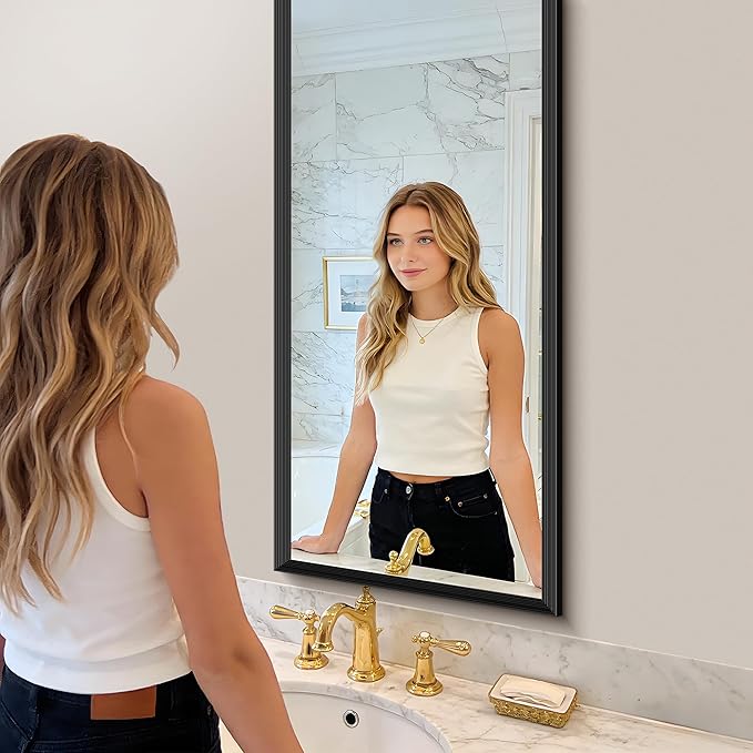 Black Bathroom Mirror 20 x 48 Inch Rectangle Wave Beveled - Image 6