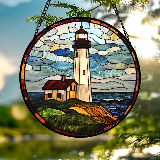 DASTOLL Stained Glass Window Hanging, Ocean Lighthouse Sun Catchers Glass Panel - Image 3