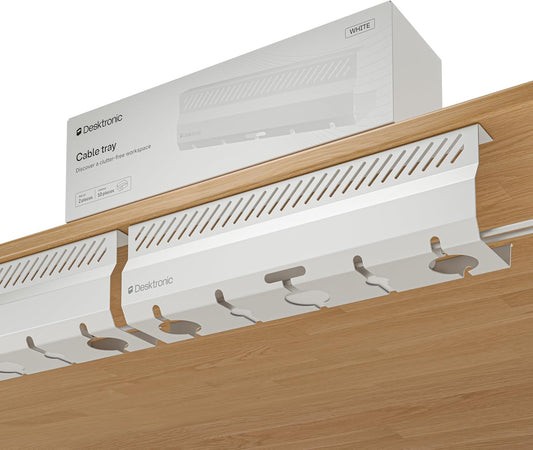 Desktronic Cable Duct Desk White Set of 2 - Stainless Steel Cable Management Desk Cable Duct with 5 Cable Cut-Outs - Easy to Install Cable Organiser - Cable Holder