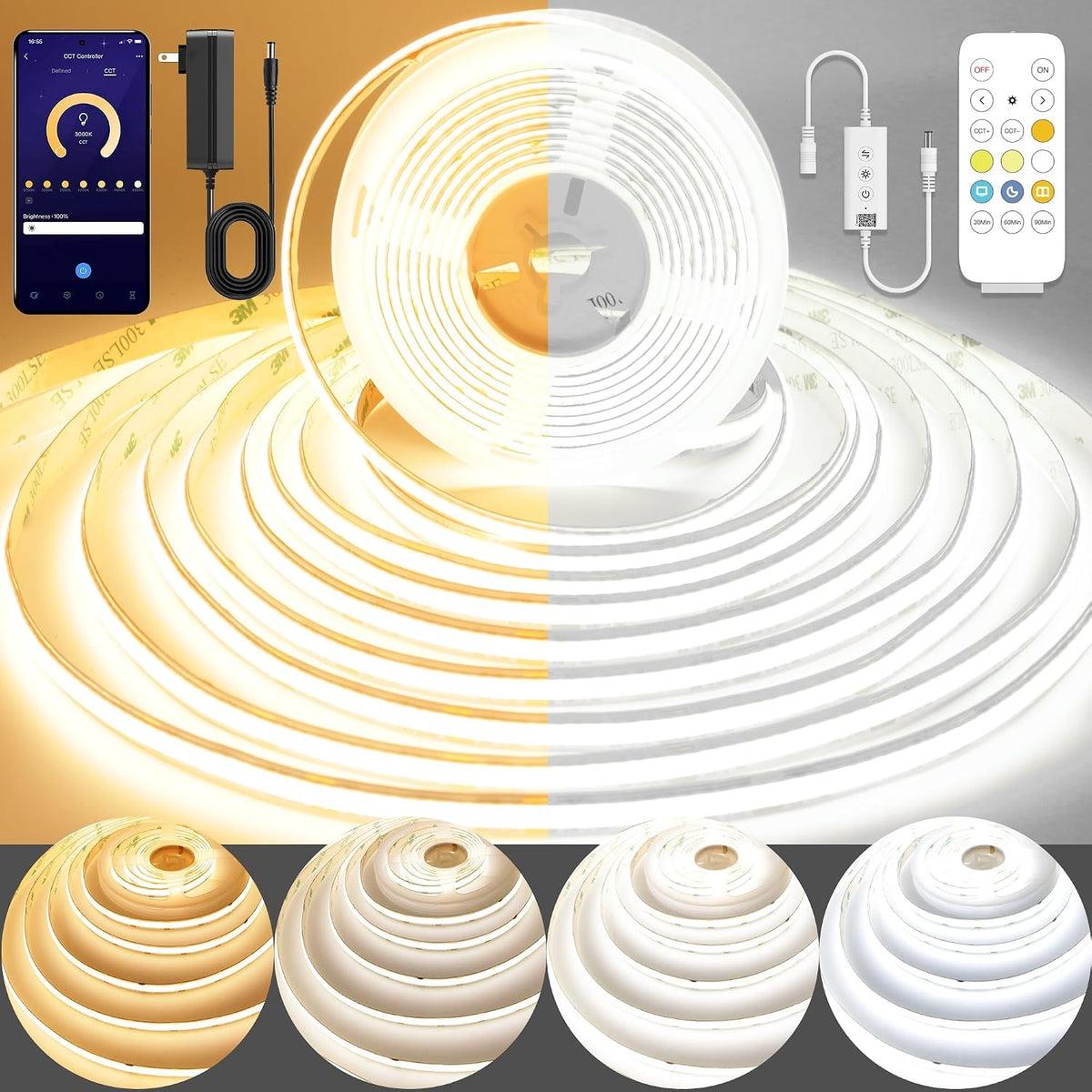 Pandery COB LED Strip Light, CCT Dimmable Strips Light, 2700K-6500K, 8mm Wide