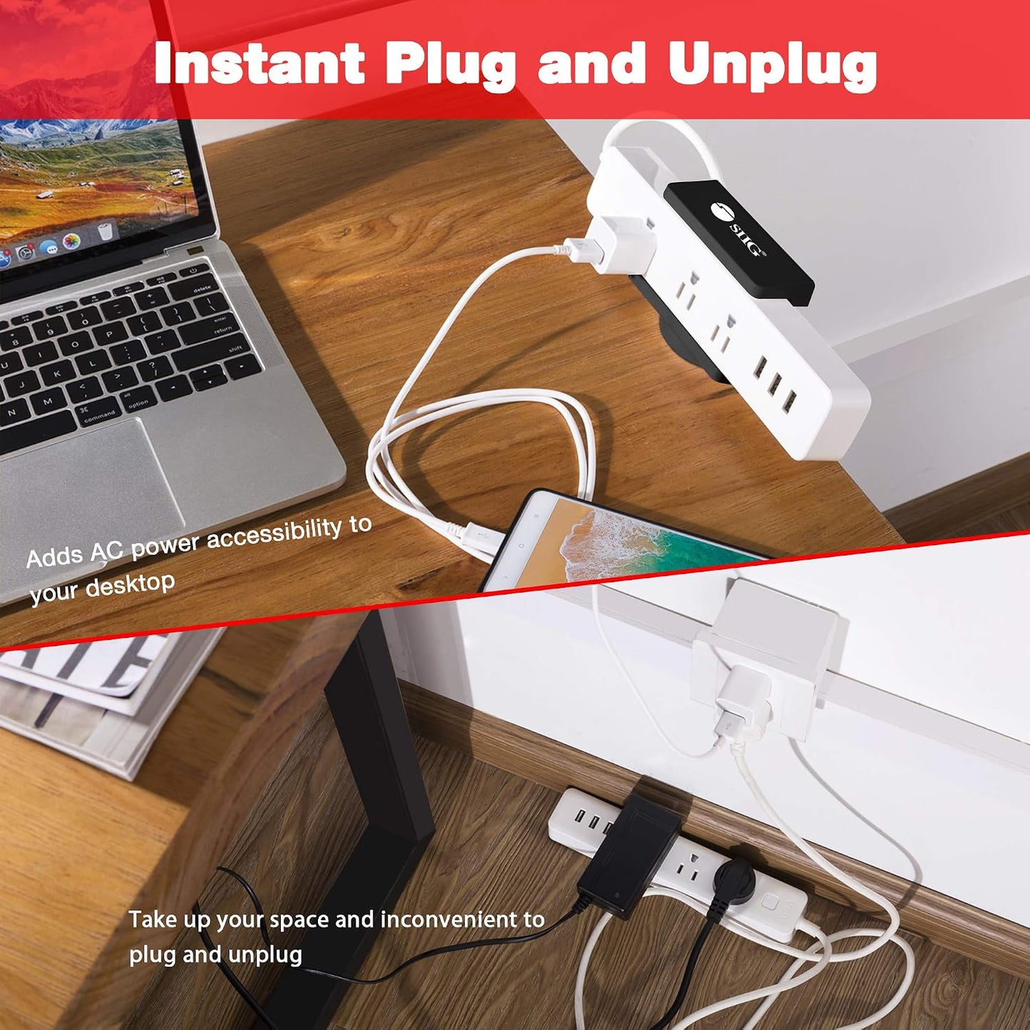 SIIG Power Strip Clamp Holder with Cable Management, CE-MT2Y12-S1 | Clamp a power strip beneath or beside a desk to keep outlets accessible and route cables away from the work surface.