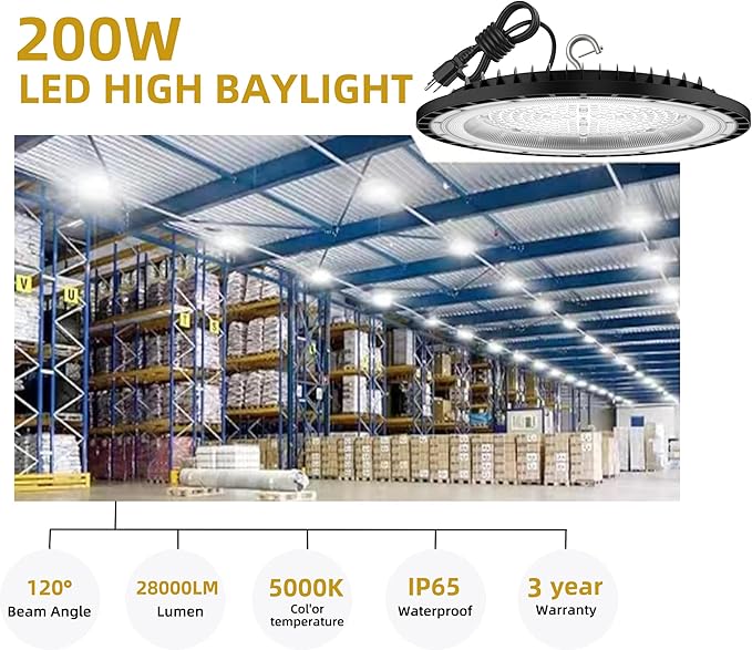 SOUTHLEVY 2 Pack UFO 200W LED High Bay Light, 5 ft Cable - Image 6