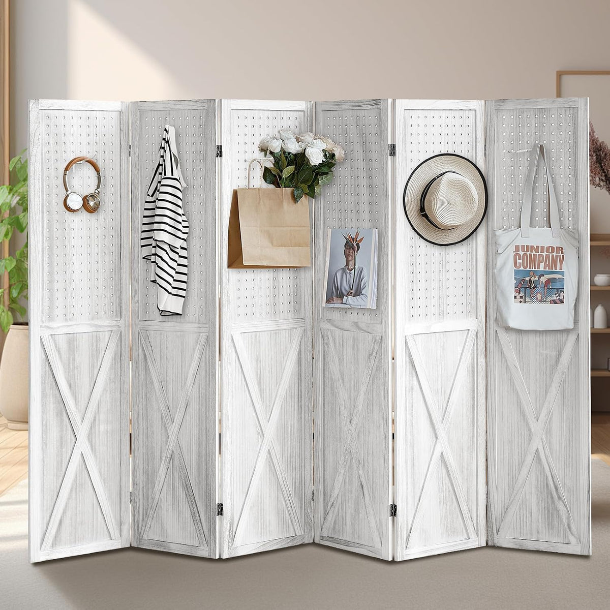 ALeesing 6 Panel Pegboard Room Divider, 5.6Ft Pegboard Display Folding Privacy