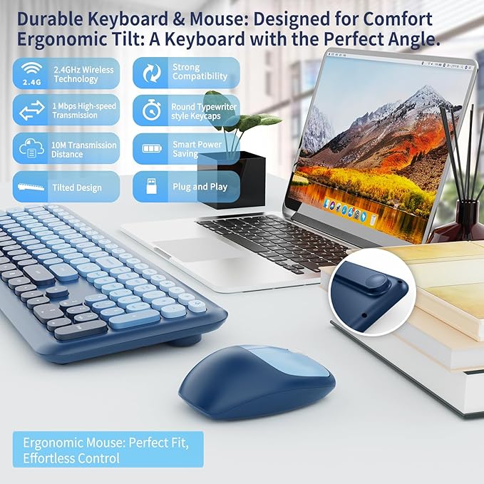 HotFox Wireless Keyboard and Mouse Combo, Full-Size Retro Typewriter Keyboard - Image 3