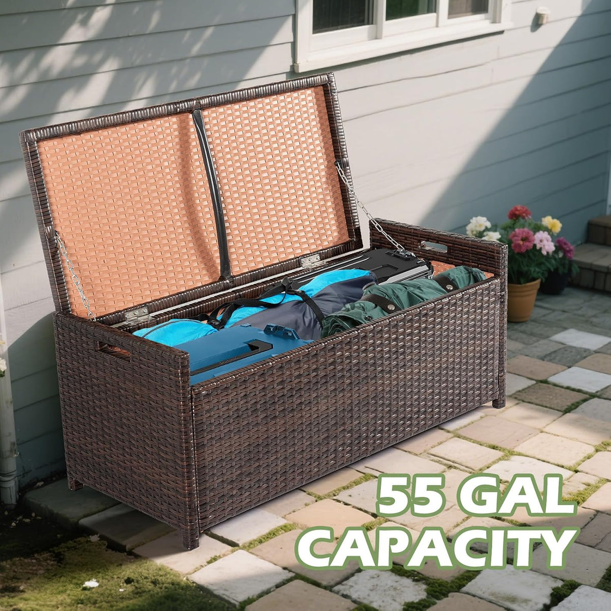 tappio deck box outdoor storage box bench, pe showing dimensions