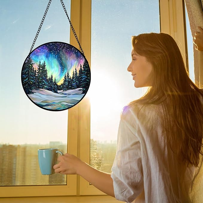 DASTOLL Stained Glass Window Hanging, Aurora Landscape Sun Catchers Glass Panel - Image 3